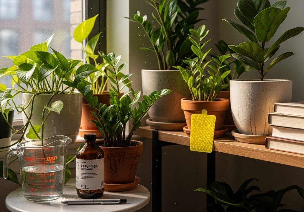 3% hydrogen peroxide, jug, and sticky trap beside indoor plants