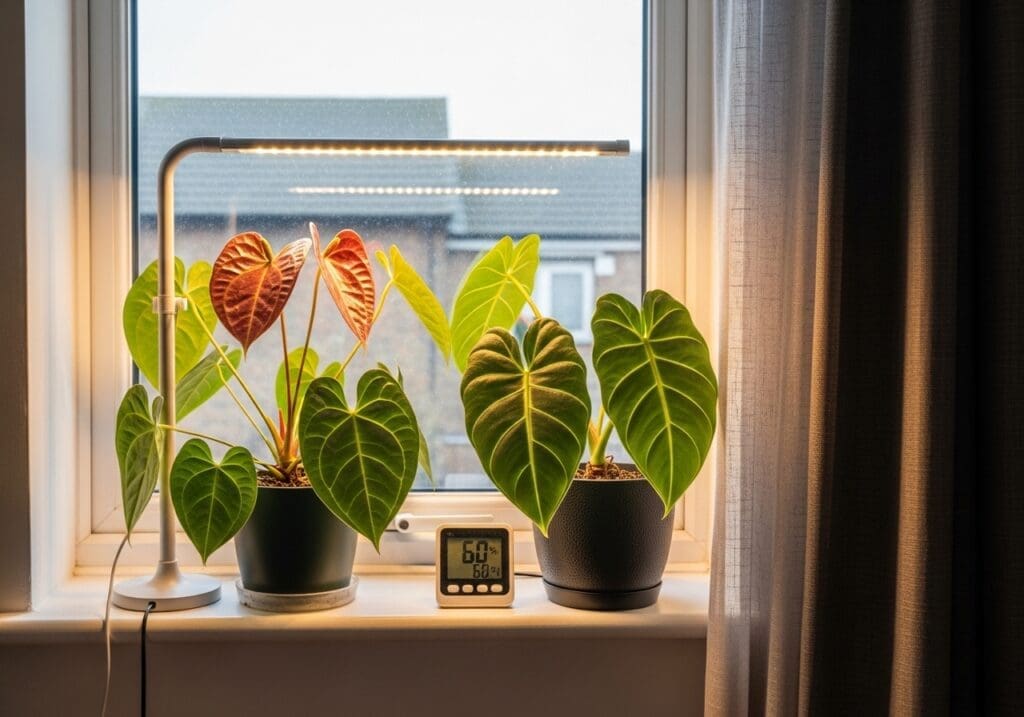 Anthurium clarinervium and P. gloriosum under a slim grow bar