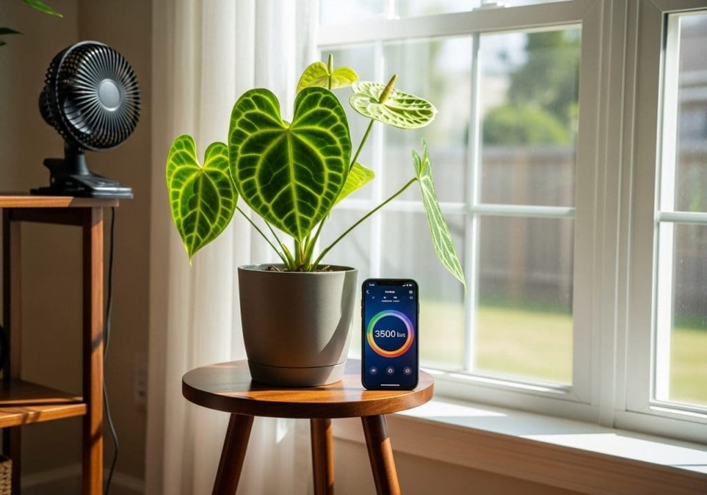 Anthurium clarinervium by a bright window with phone lux reading