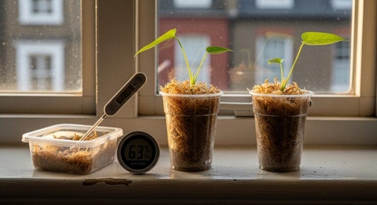 Anthurium seedlings in long-fiber sphagnum on a bright windowsill