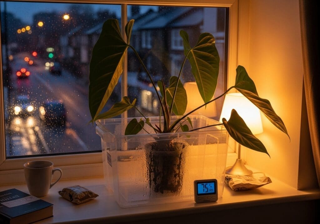 Anthurium warocqueanum in quarantine bin on windowsill, hygrometer 75% RH