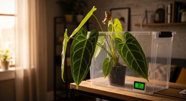 Anthurium warocqueanum in quarantine bin with warm apartment light