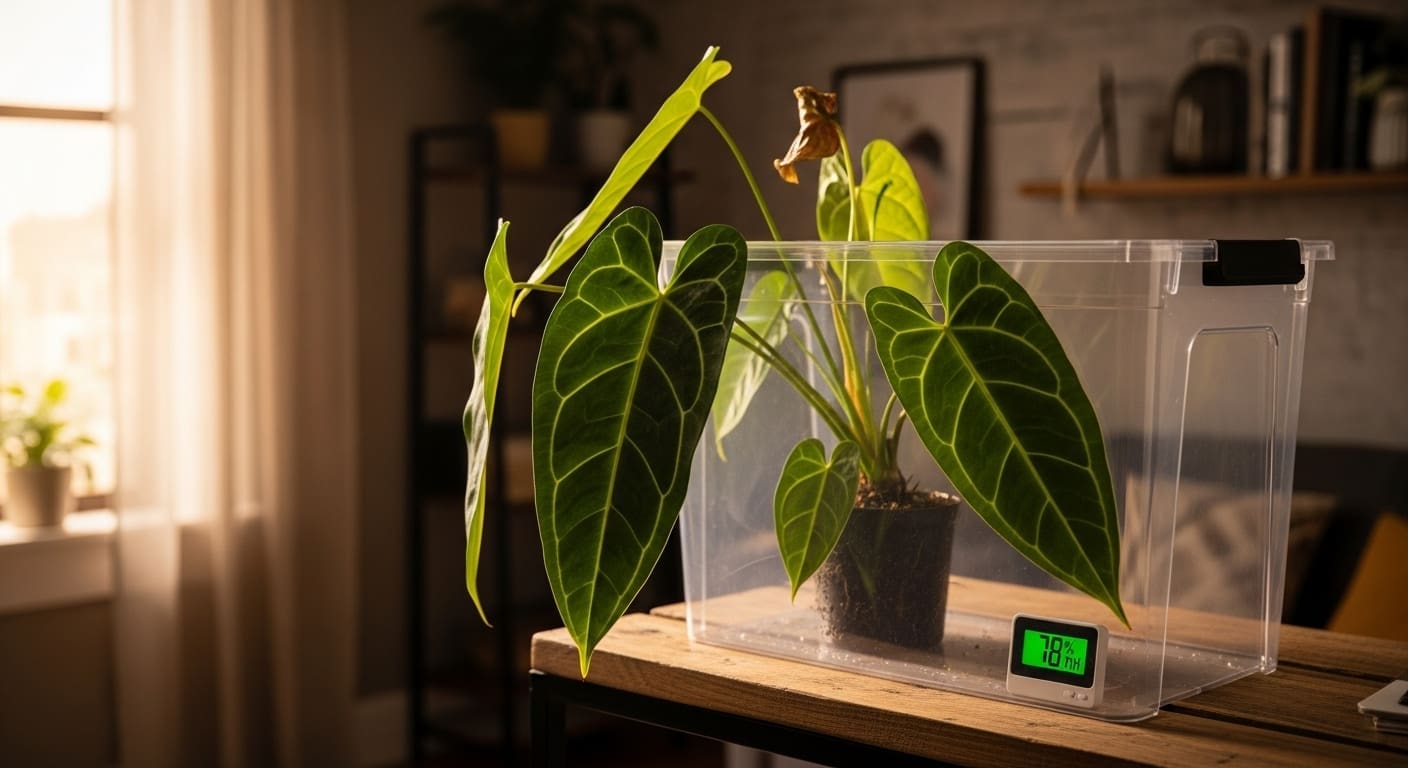 Anthurium warocqueanum in quarantine bin with warm apartment light