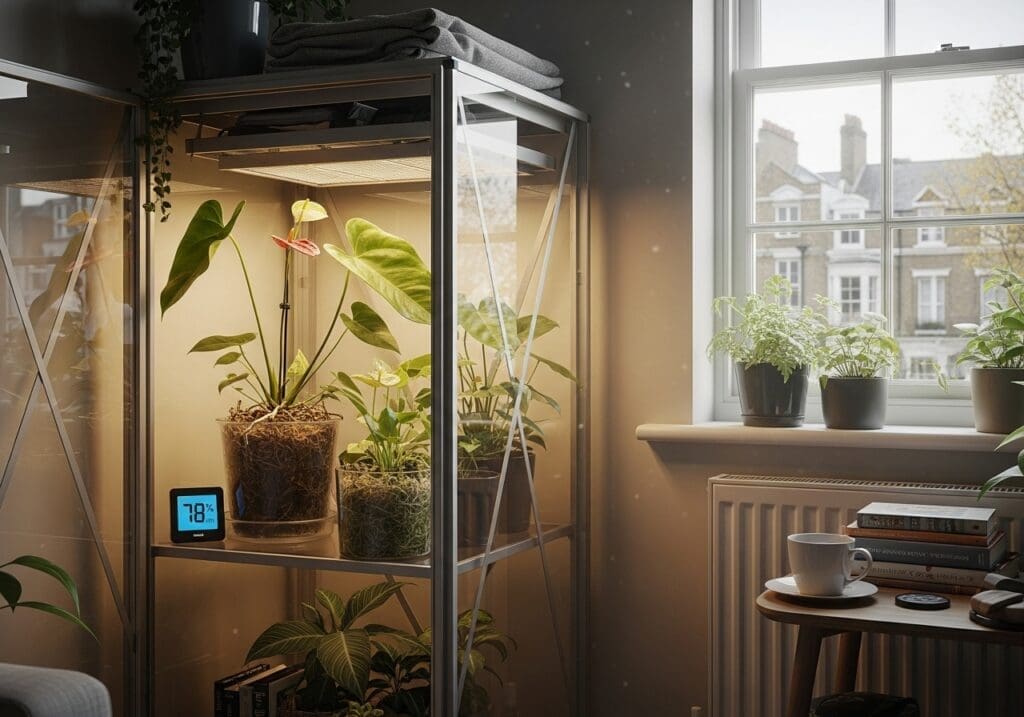 Anthurium warocqueanum inside IKEA cabinet with hygrometer