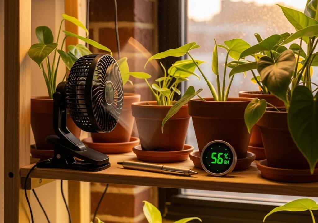 Aroid shelf with mid-50s RH, TDS pen and gentle airflow