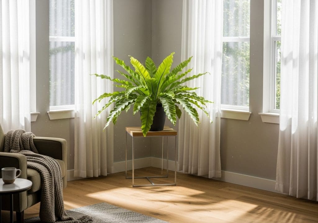 Bird’s Nest fern in bright indirect light with sheer curtains