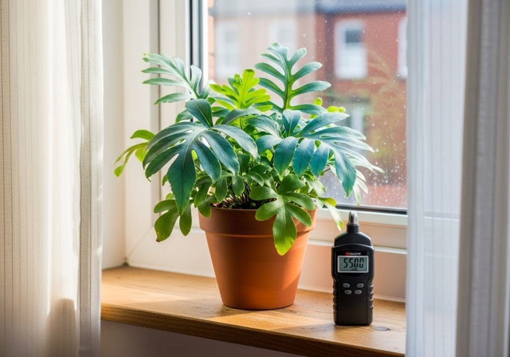 Blue Star Fern on windowsill with lux meter