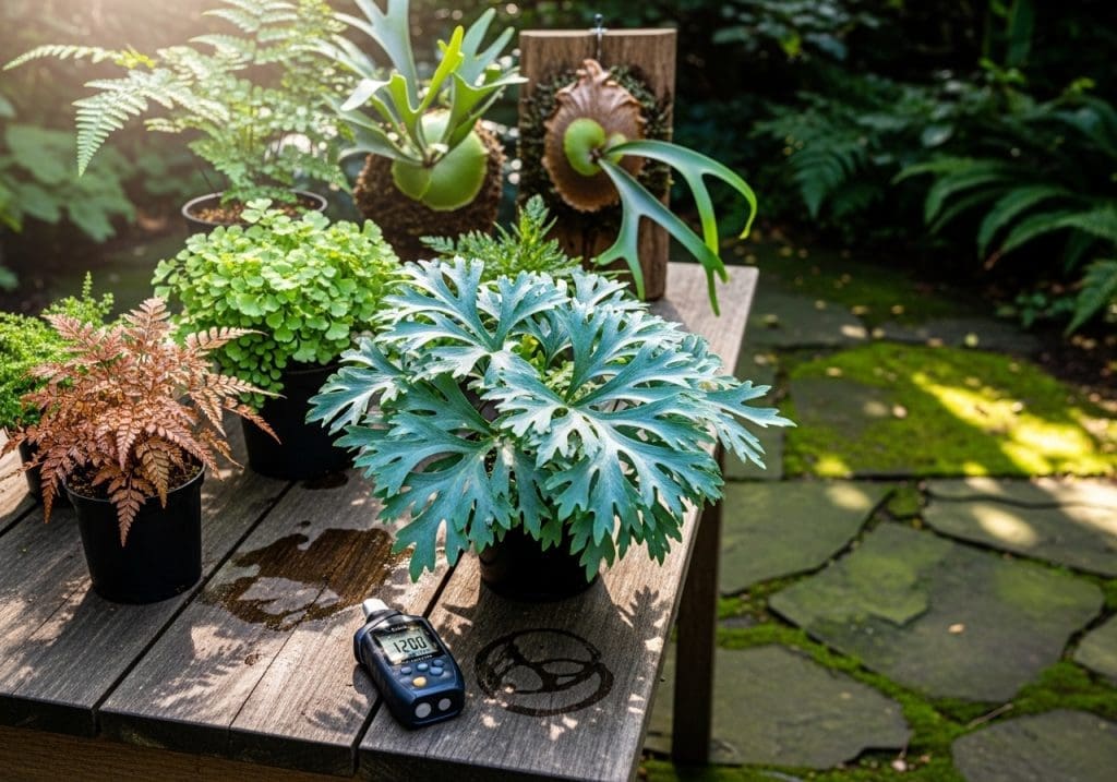 Blue Star Fern outdoors with lux meter