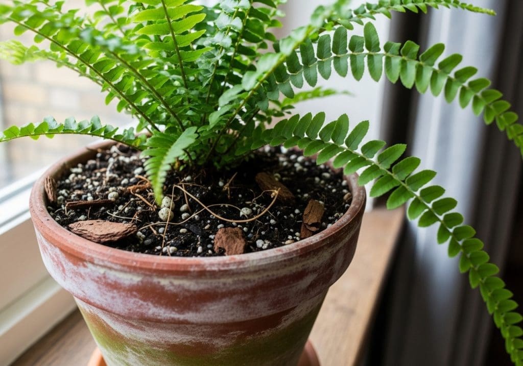 Boston fern in airy, moisture-retentive soil mix on a windowsill