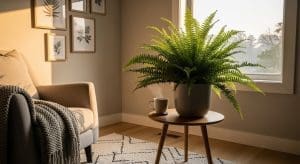 Boston fern in self-watering pot in cozy indoor corner