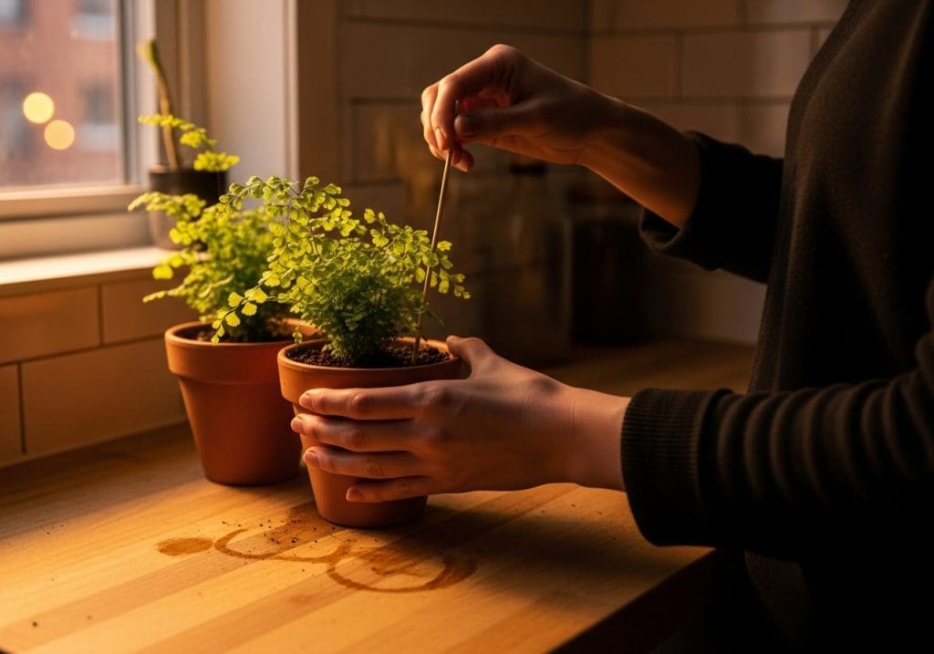 Checking maidenhair moisture with a skewer and pot heft in a small kitchen