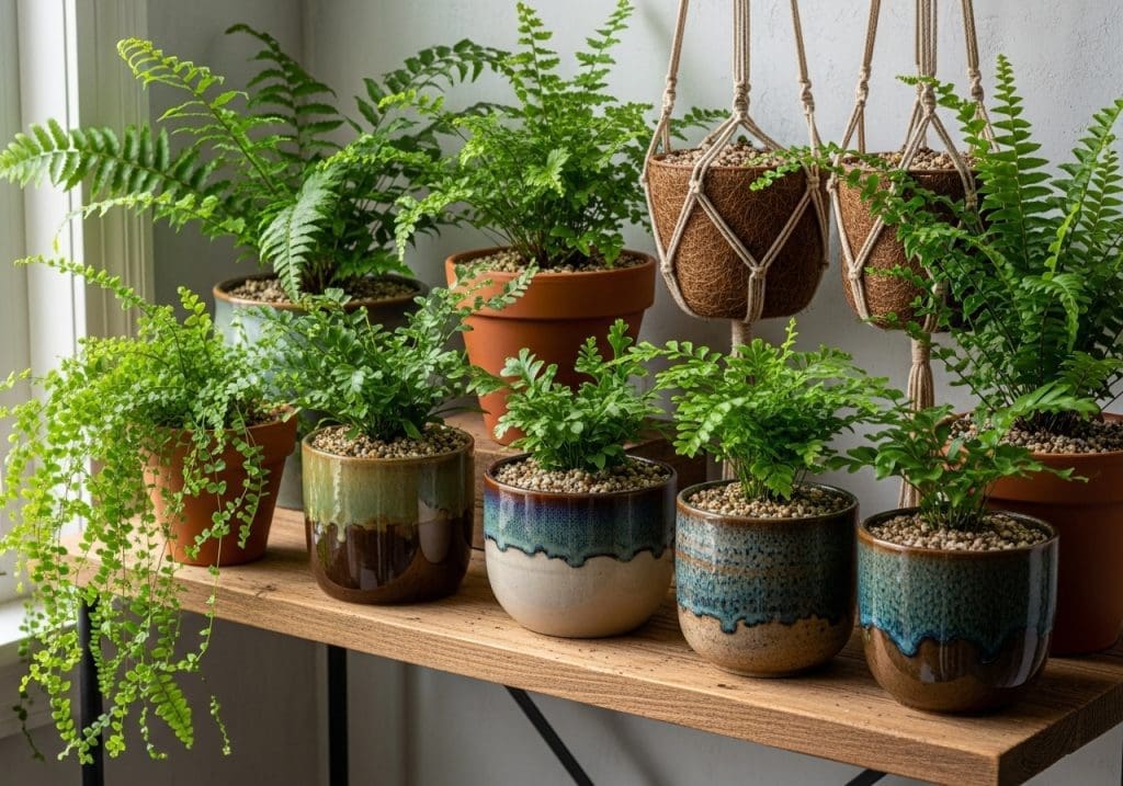 Different indoor fern pots with breathable soil mix