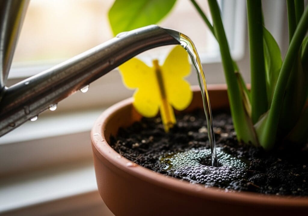 Diluted peroxide drench fizzing on potting mix surface