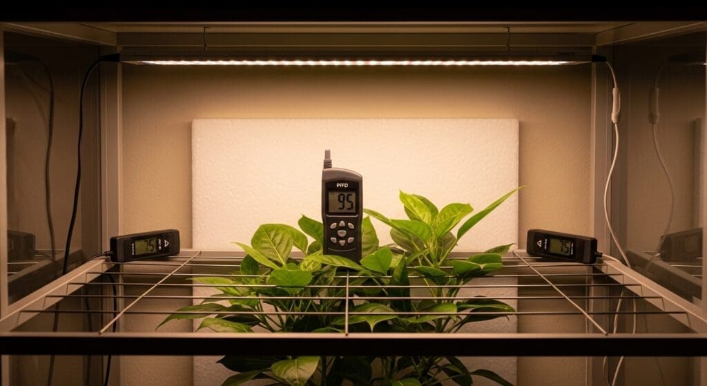 Dual bars ~30 cm above gloriosum; center ~95 PPFD, edge ~75; white backdrop improving spread
