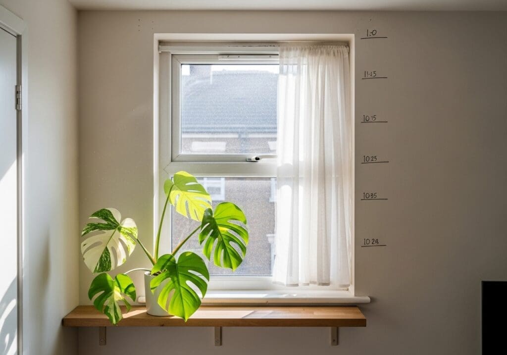 East window with sheer showing measuring spots for PPFD
