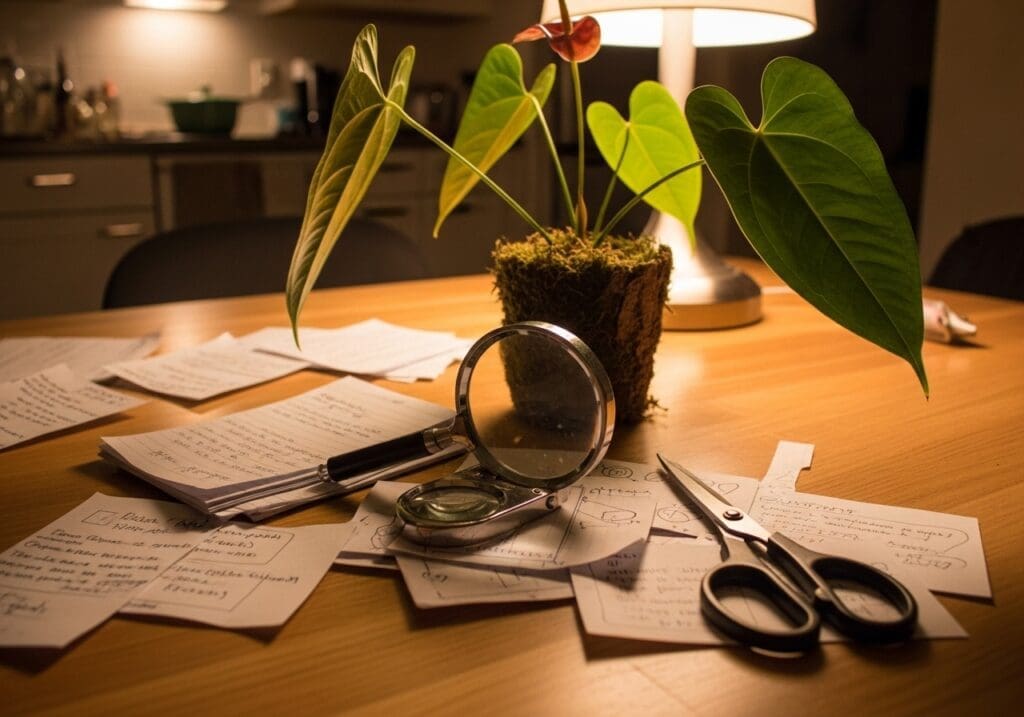 Evening rehab setup with tools and Anthurium warocqueanum