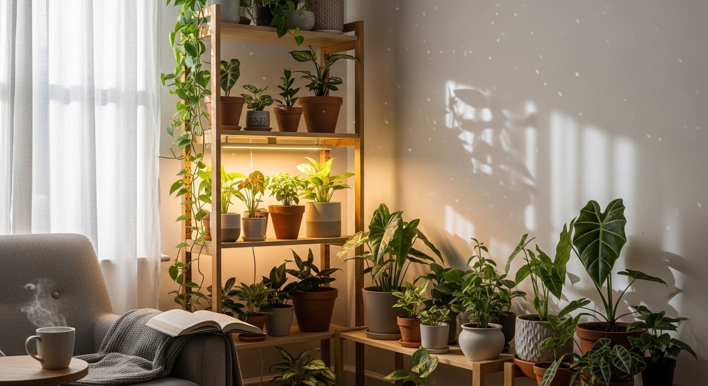 Evenly lit houseplant shelf in a small apartment using a slim grow bar
