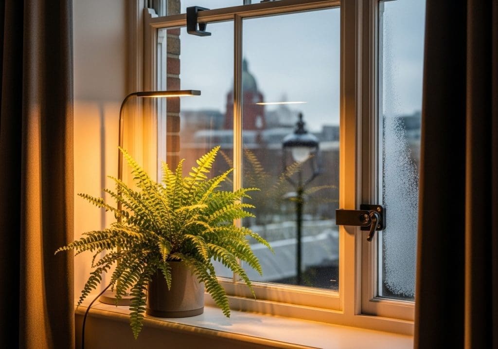 Fern with grow light in winter