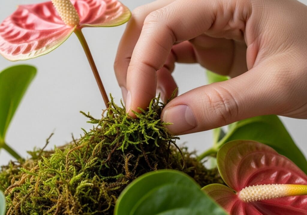 Fluffing the top layer of moss to restore air spaces