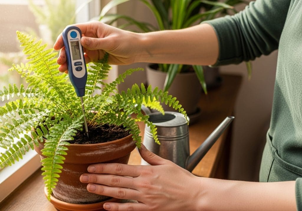 Gardener testing indoor fern soil moisture with meter