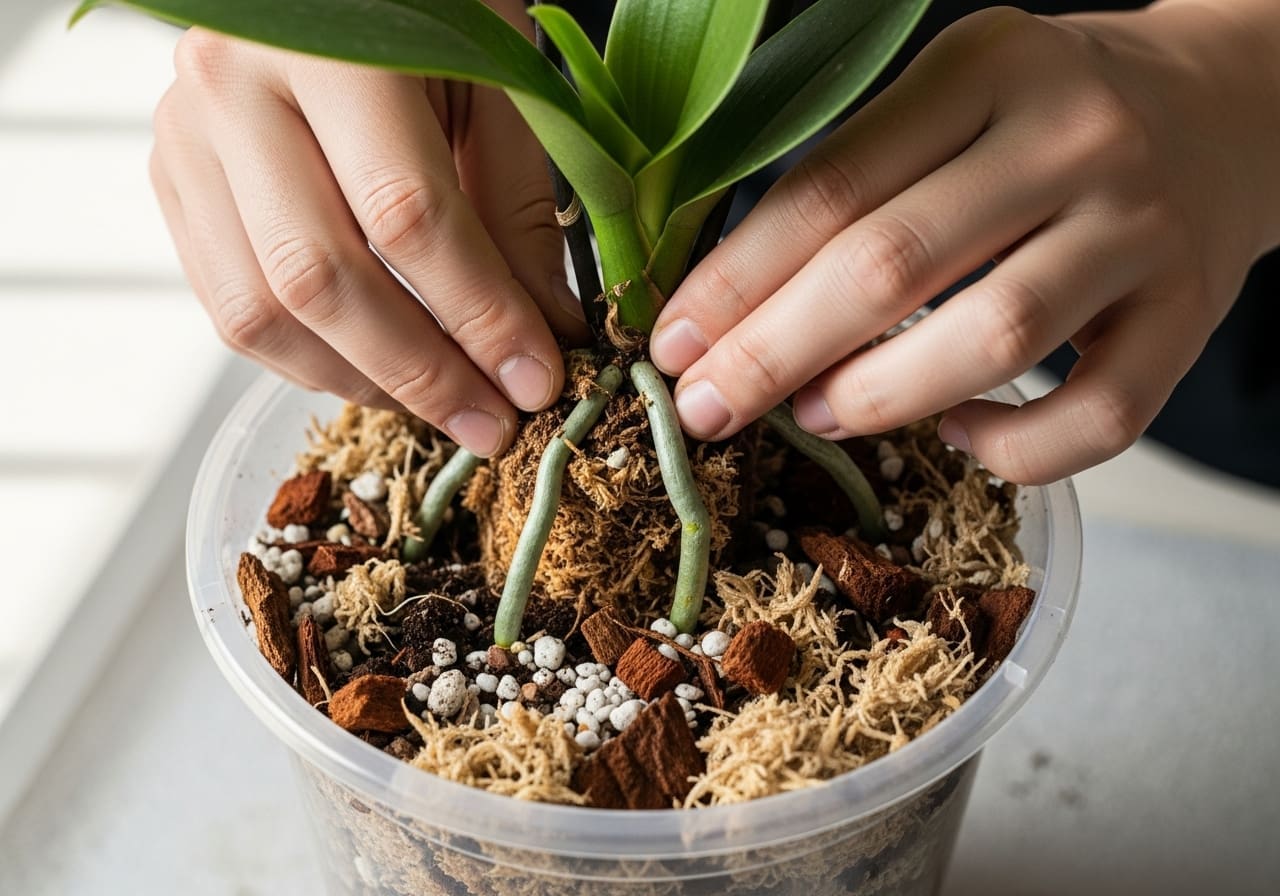 Hands repotting an aroid into a clear pot with chunky mix