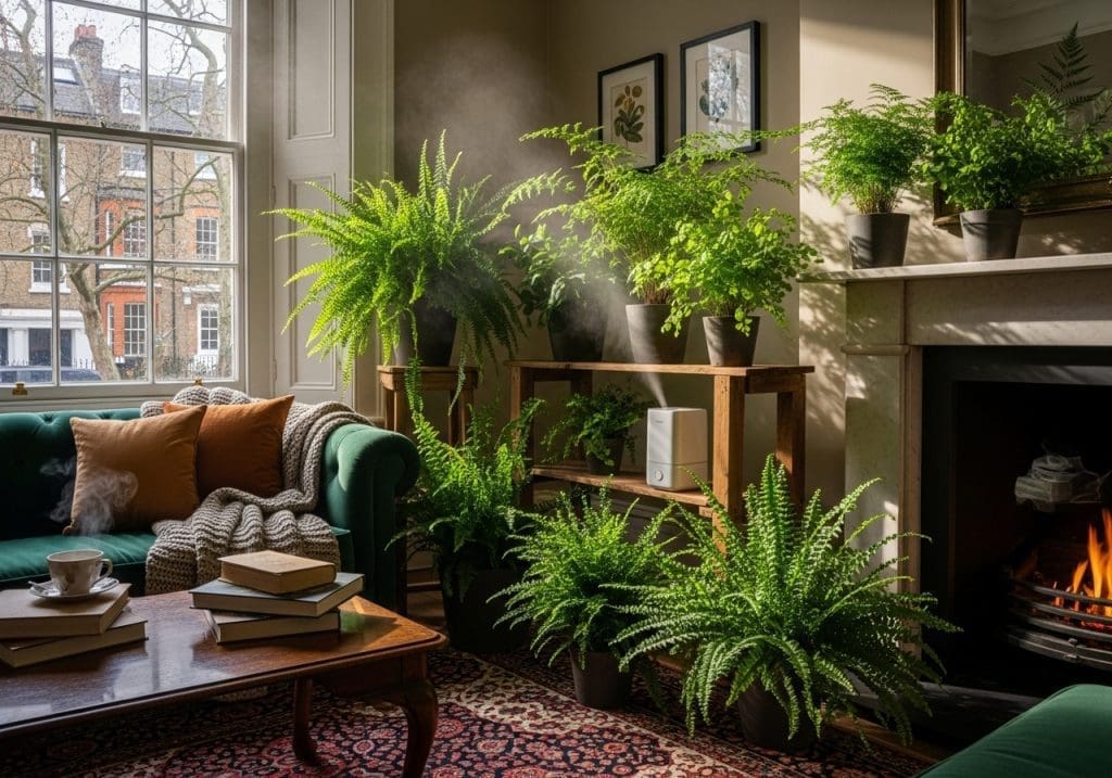 Healthy indoor ferns with a humidifier in a London living room