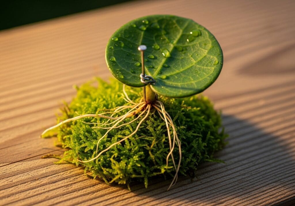 Hoya imbricata node with new roots under a leaf on mossed plank