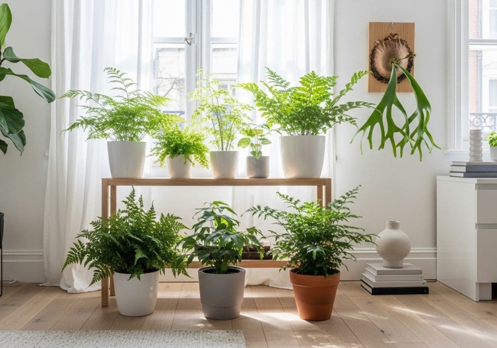 Indoor plant shelf with healthy ferns in filtered daylight
