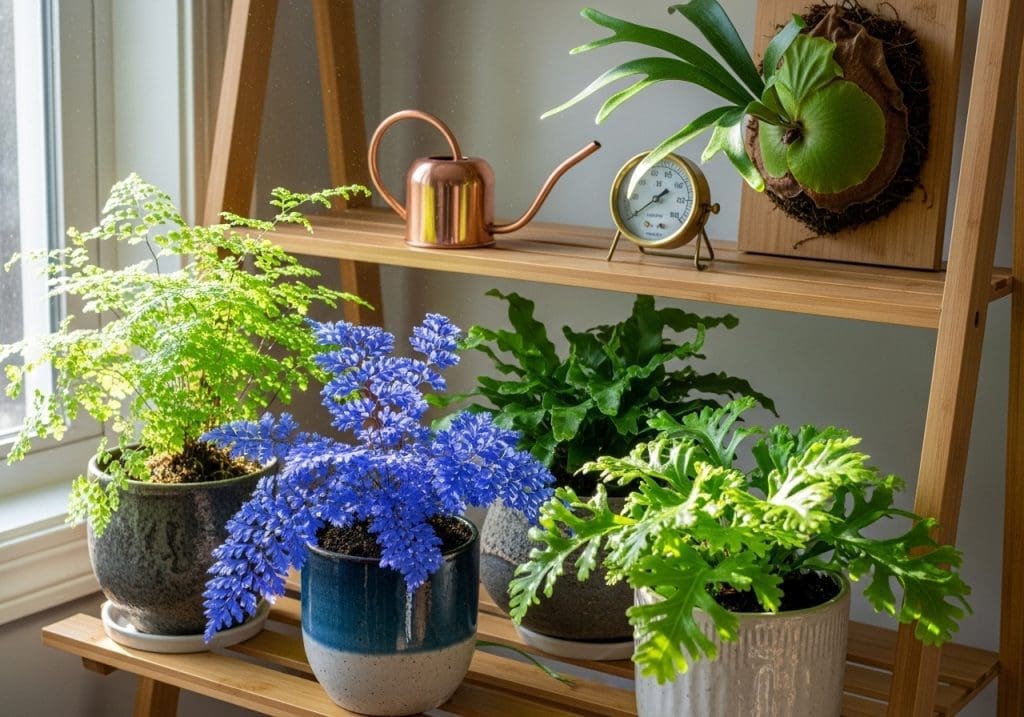 Indoor shelf with rare ferns, watering can, and humidity gauge