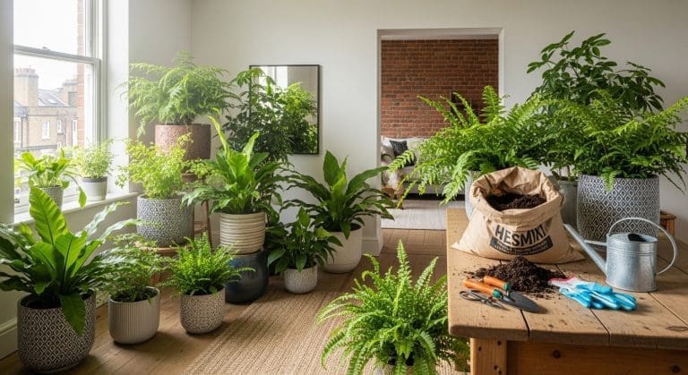 Indoor urban apartment with ferns and soil mix on table