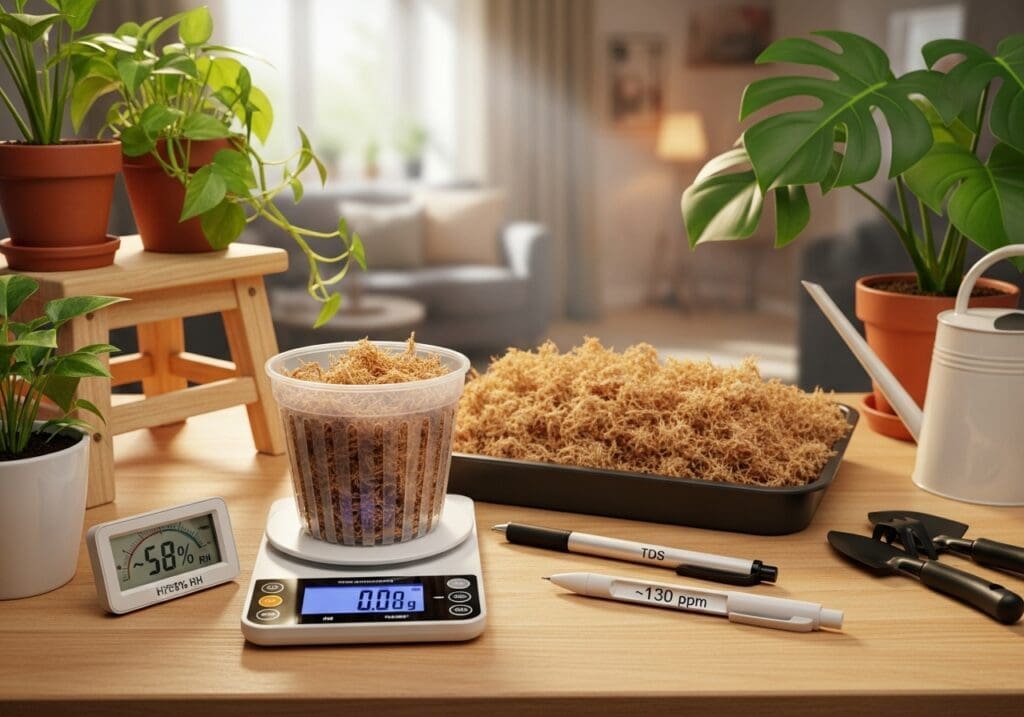 LECA setup next to pre-hydrated long-fiber sphagnum with TDS and hygrometer