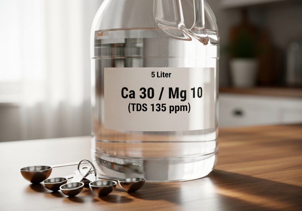 Labeled jug with finished Ca/Mg water at 135 ppm TDS