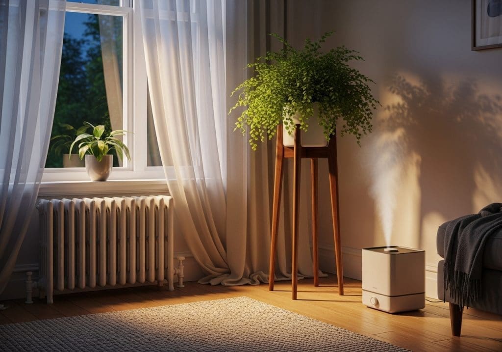 Maidenhair fern with small humidifier near a sheer-curtained window