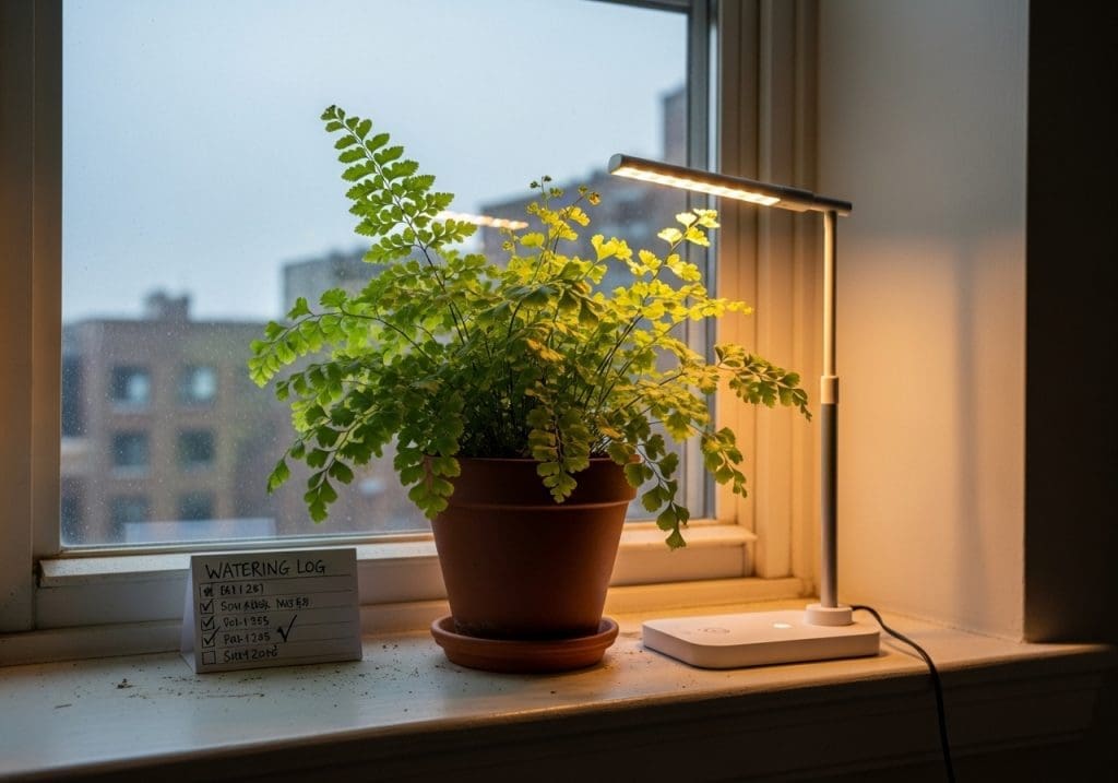 Maidenhair under soft light with a simple watering log and LED timer