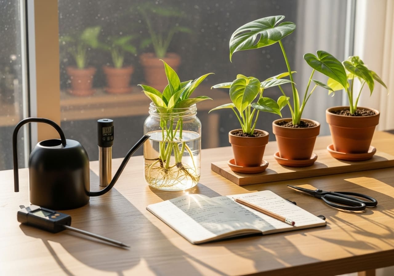 Minimal plant-care desk with tools, propagations and soft window light