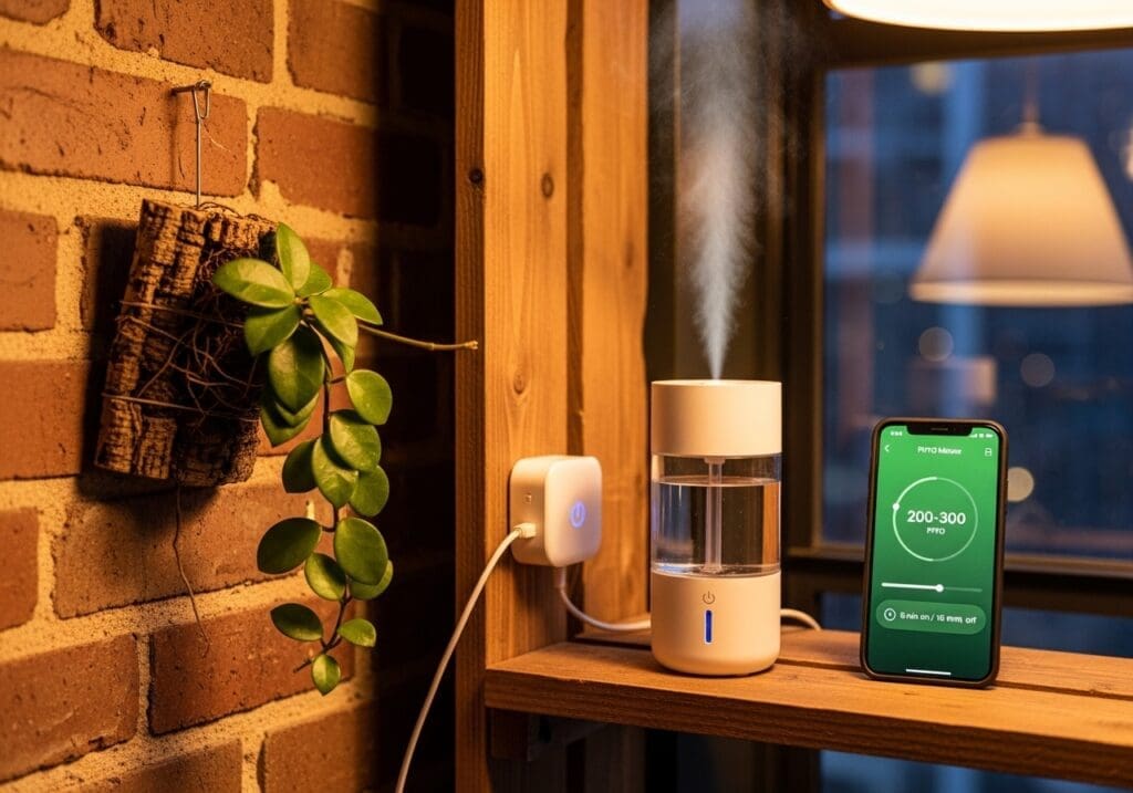 Mounted Hoya with humidifier on short bursts and bright-indirect light