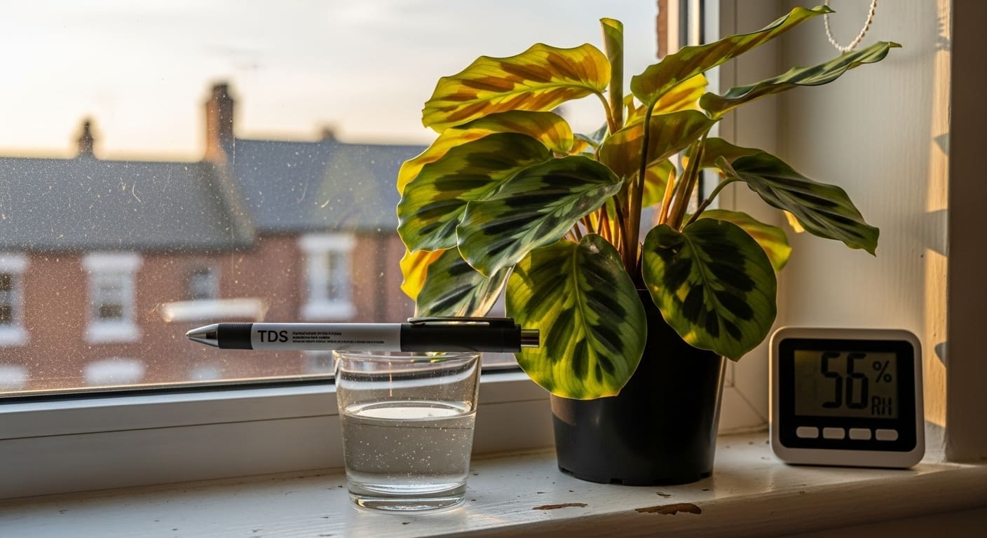 Orbifolia with rainwater glass and TDS pen near a bright window