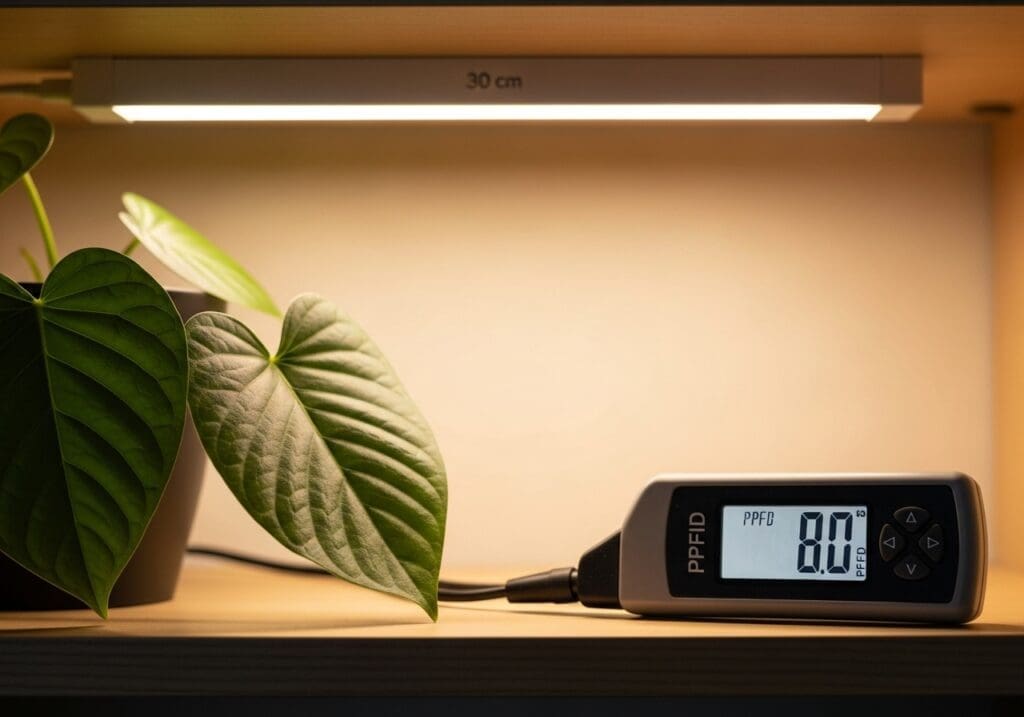 PPFD ~80 at the leaf under a slim bar ~30 cm above; soft indoor scene