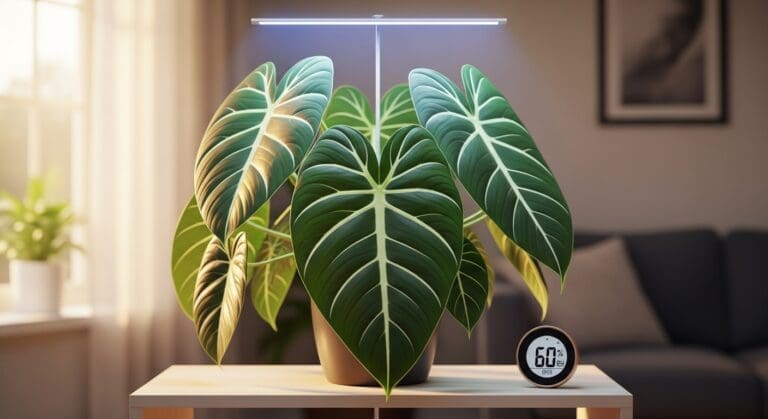Philodendron gloriosum under a slim bar ~30 cm above, matte leaves in soft morning light.
