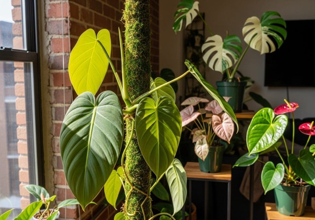 Philodendron melanochrysum climbing on moss pole