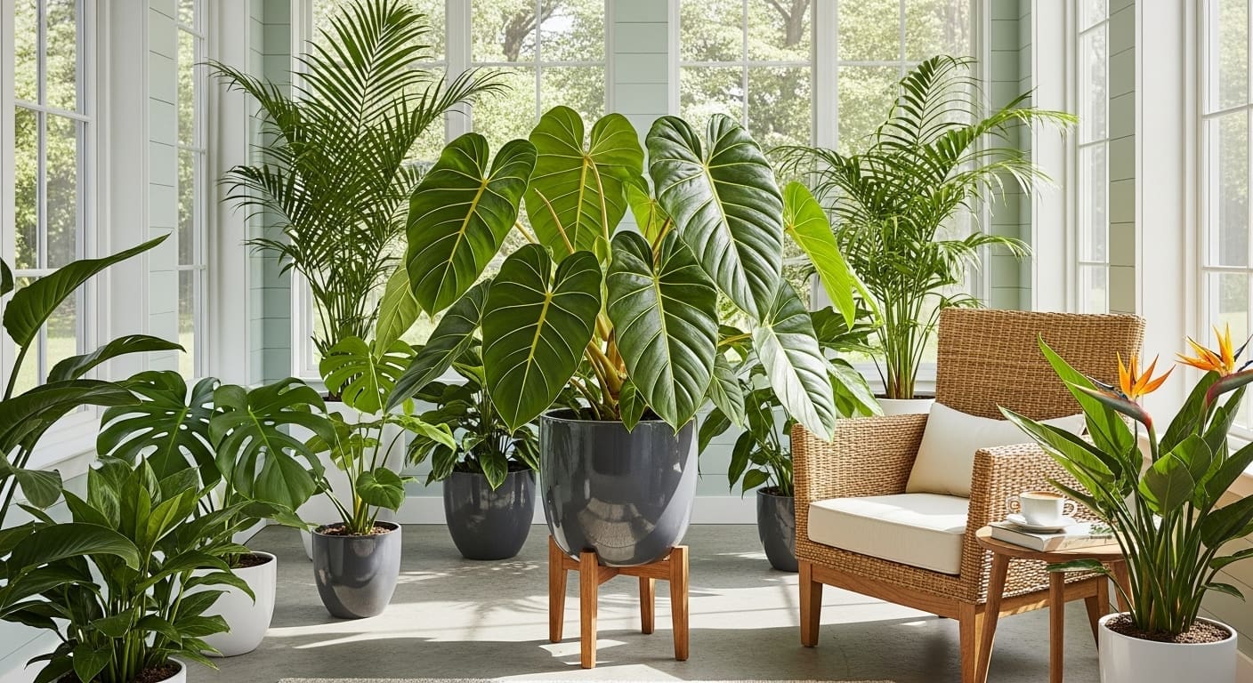 Philodendron melanochrysum in modern sunroom