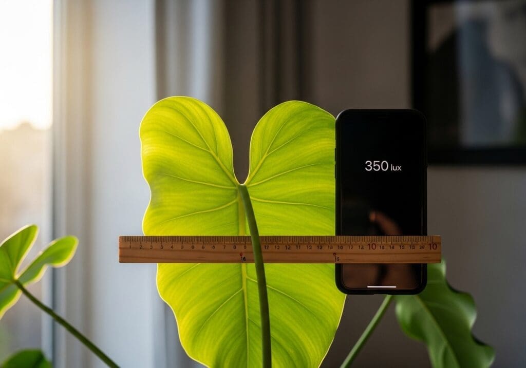 Phone lux reading at leaf height next to philodendron