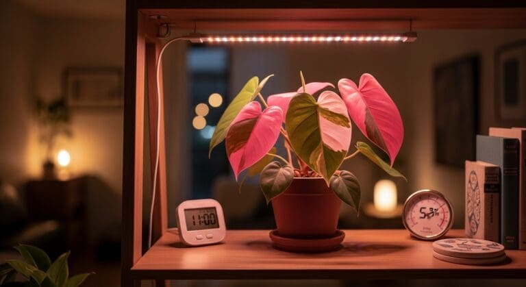 Pink Princess under LED bar 15 inches above, timer and 52% RH