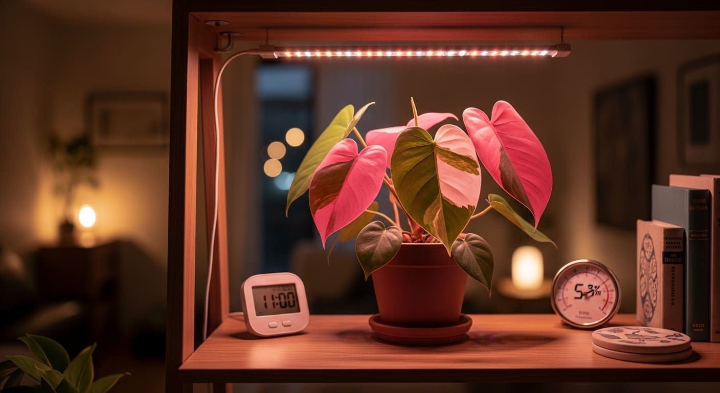 Pink Princess under LED bar 15 inches above, timer and 52% RH