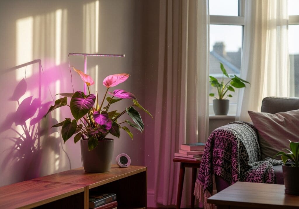 Pink Princess under grow bar with hygrometer in a UK flat