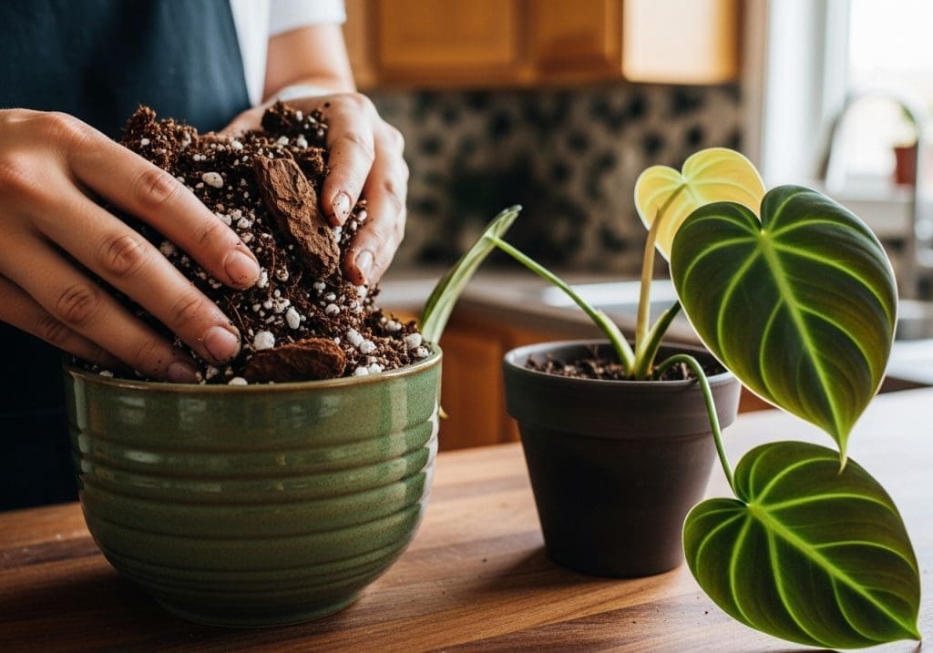Preparing soil mix for Philodendron melanochrysum