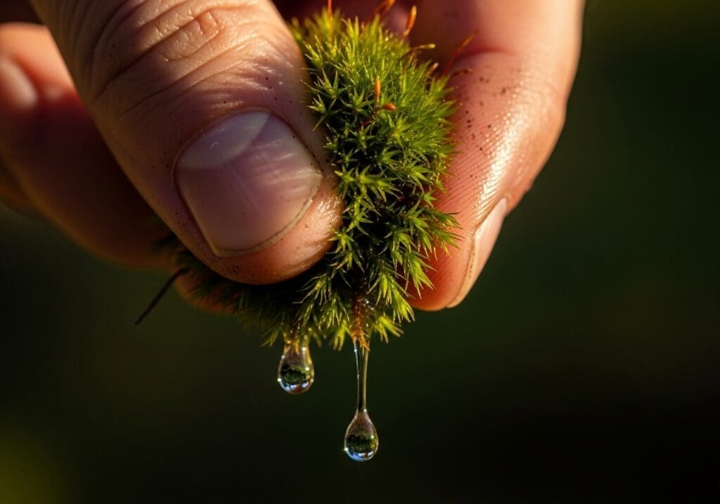 Proper moss hydration shown by one–two drops on a firm squeeze