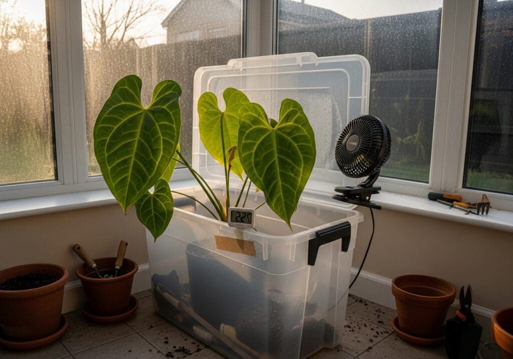 Queen Anthurium rehabbing in clear bin with stable 22°C