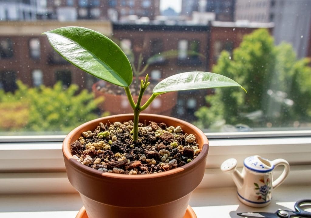 Rare Hoya cutting in soil mix on bright windowsill