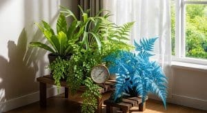 Rare ferns grouped near an east-facing window with ~60% RH